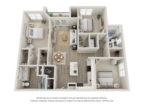 A 3D floor plan of a house with a kitchen, living room, and bedrooms.